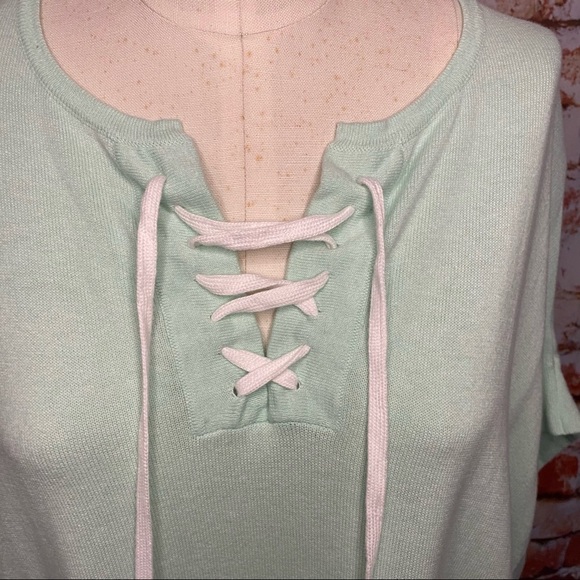 Zoe Couture Collection Mint Green Knit Tunic Lace Up Neck Short Sleeve M L - Picture 5 of 9